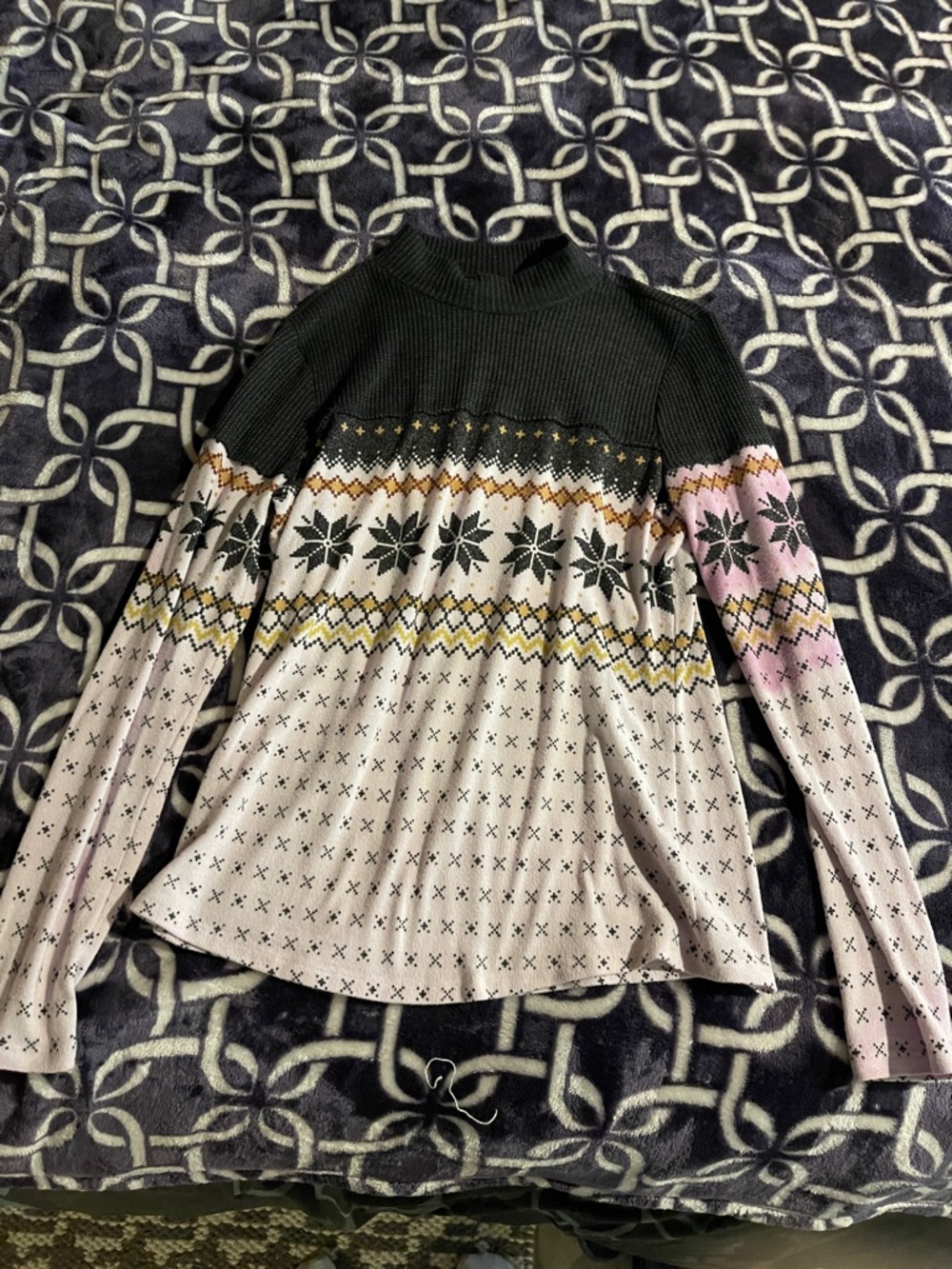 Maurices Black Yoke Fair Isle Mock Neck Sweater with Pink and Yellow Accents